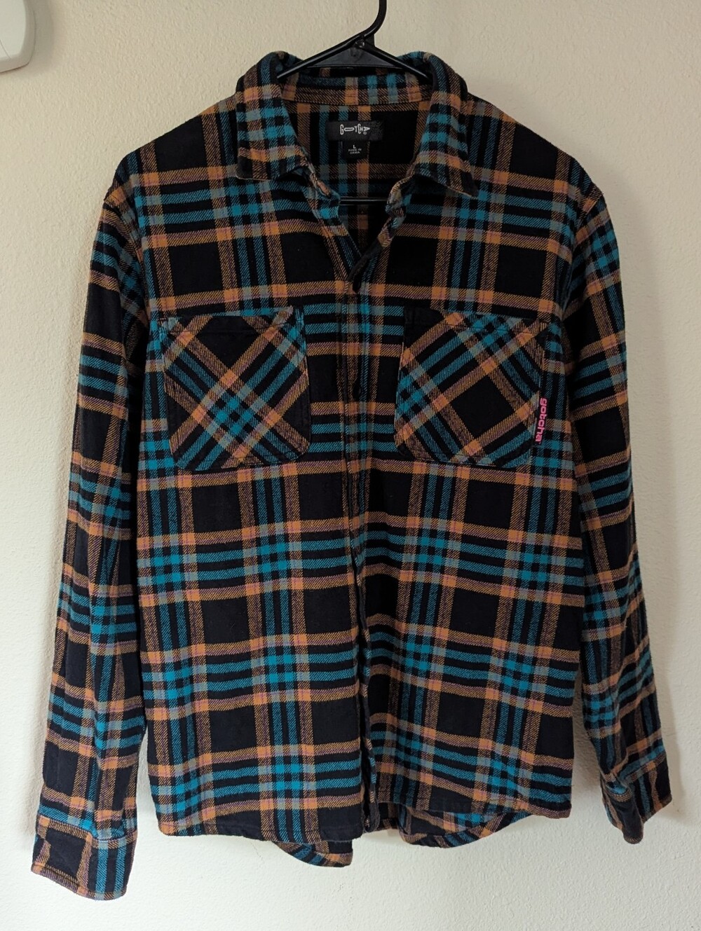 Gotcha Black Plaid Button-Down Shirt with Teal & Brown Accents